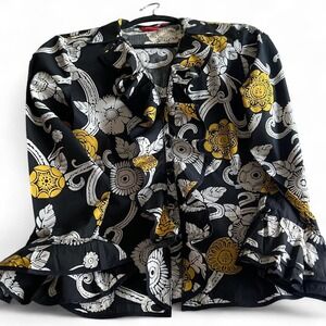 Oscar de la Renta black and yellow floral blouse with ruffle collar and‎ cuffs